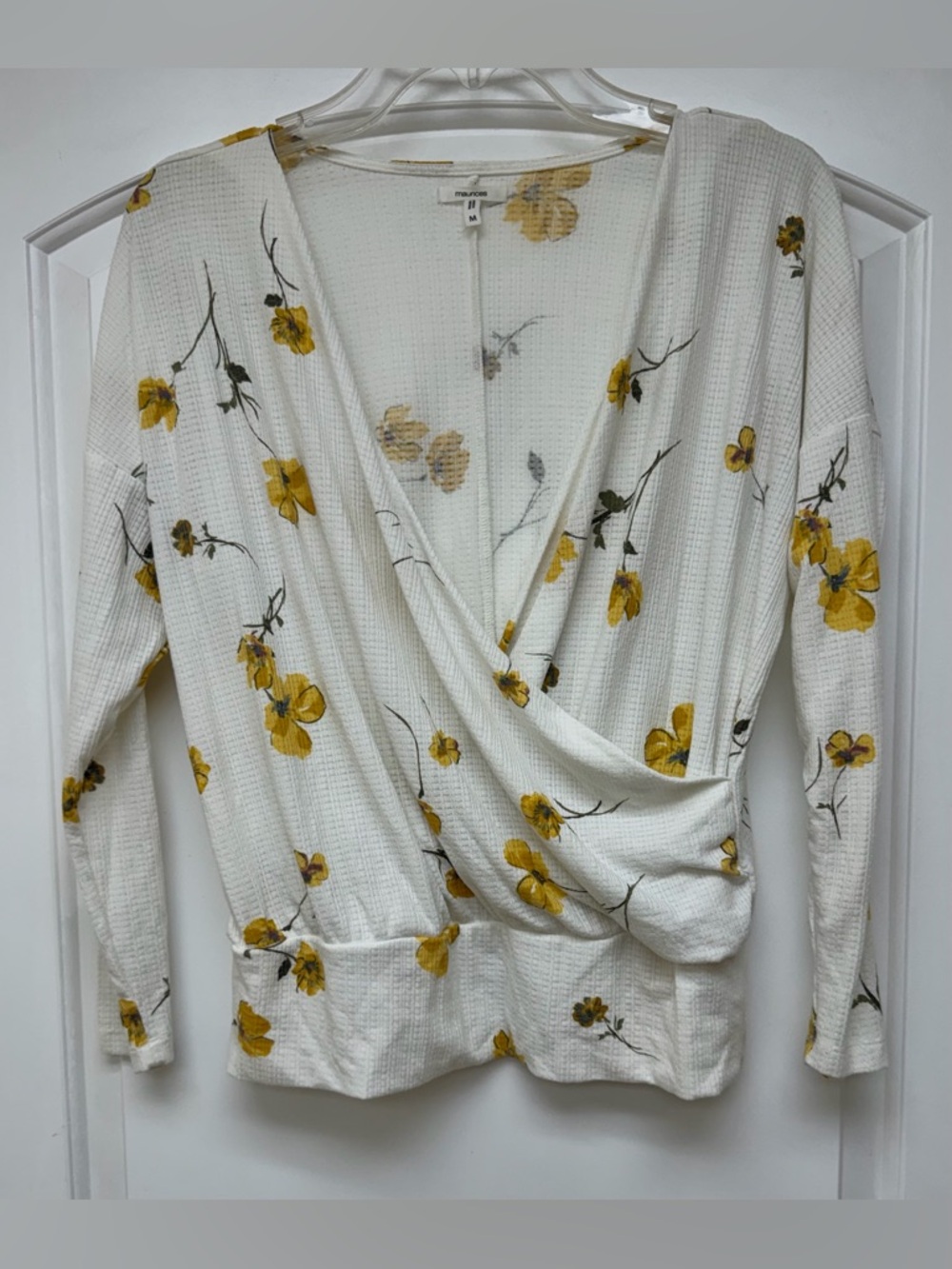 122: Maurices White Floral Wrap Waffle-Knit Long Sleeve Top - Medium